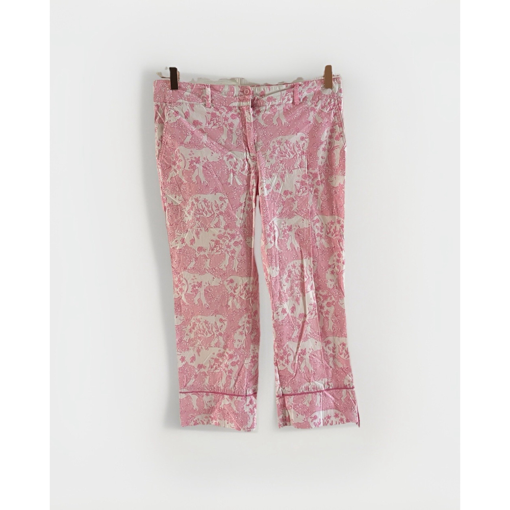 Lilly Pulitzer “Run For The Roses” White Rhino Capri Pants Size 8 Pink / White